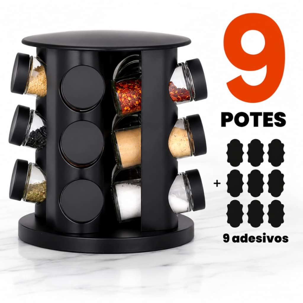 Porta Tempero Condimento Girátorio 9 Potes Cozinha Preto 360 Graus Organizador Dosador Profissional