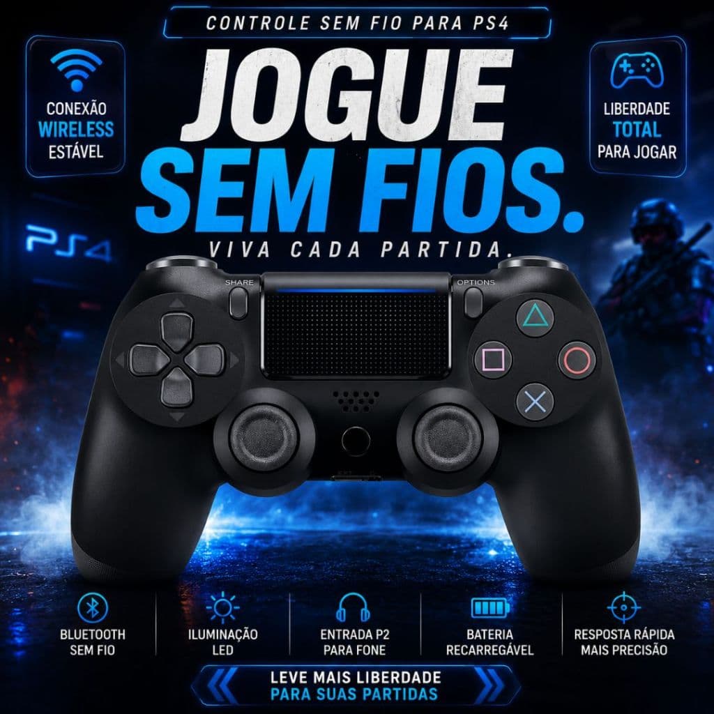 Controle PS4 Sem Fio Bluetooth Preto com LED | Controle Gamer Wireless