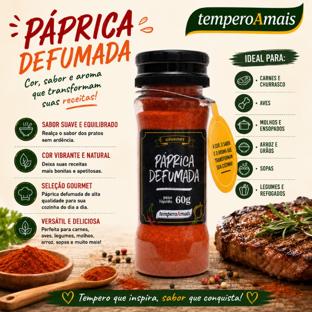 Paprica Defumada 60g Puro Moido Sabor e Qualidade Tempero Cozinha