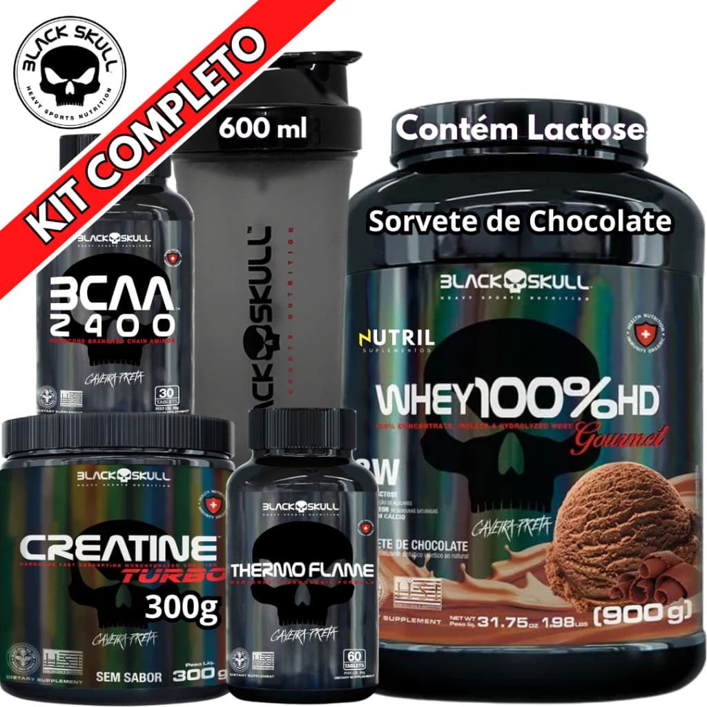 Kit Suplemento Whey 100% HD POTE Gourmet + Creatina Turbo 300g + Termogênico + Bcaa 2400 + Coqueteleira - Black Skull