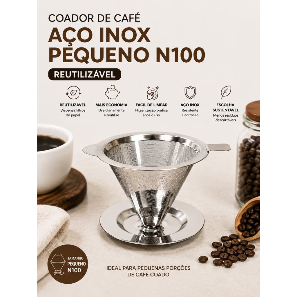 Coador Café Inox N100 Pequeno Filtro Reutilizável Sem Papel Alças laterais para manuseio prático