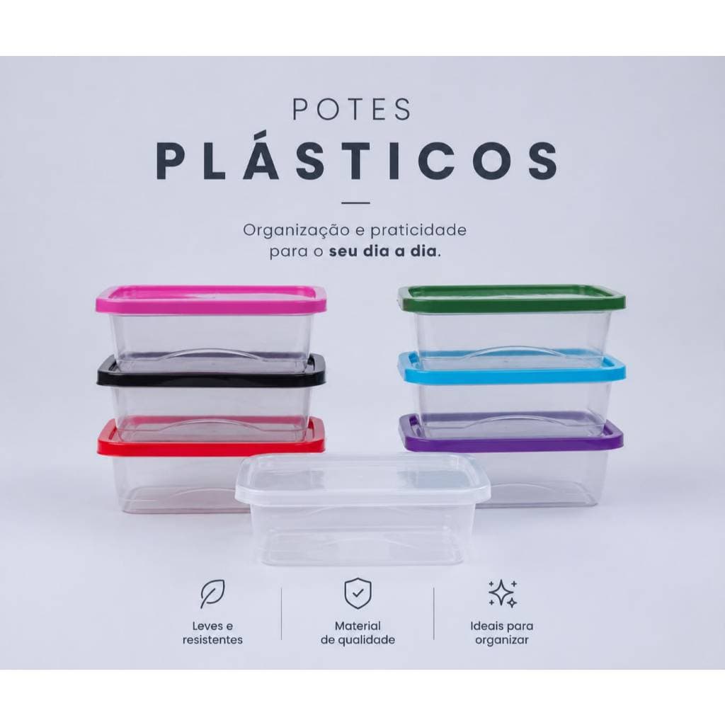 Kit 10 Potes Plásticos 1 Litro 1000ml escolher cor Tampa Transparente e colorida Marmita Organizador De PLASTICOS