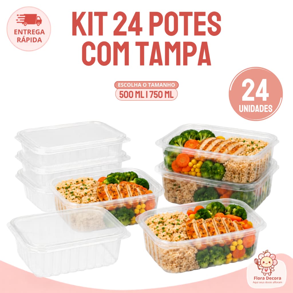 Kit 24 Pote Marmita Freezer Microondas Fitness Plástico Com Tampa Descartável