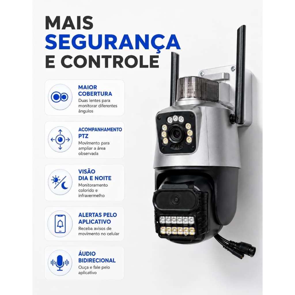 Câmera De Segurança, Wifi 1080p 360° Full Hd Ip Prova D'água Duas lentes para ampliar o monitoramento Movimento PTZ