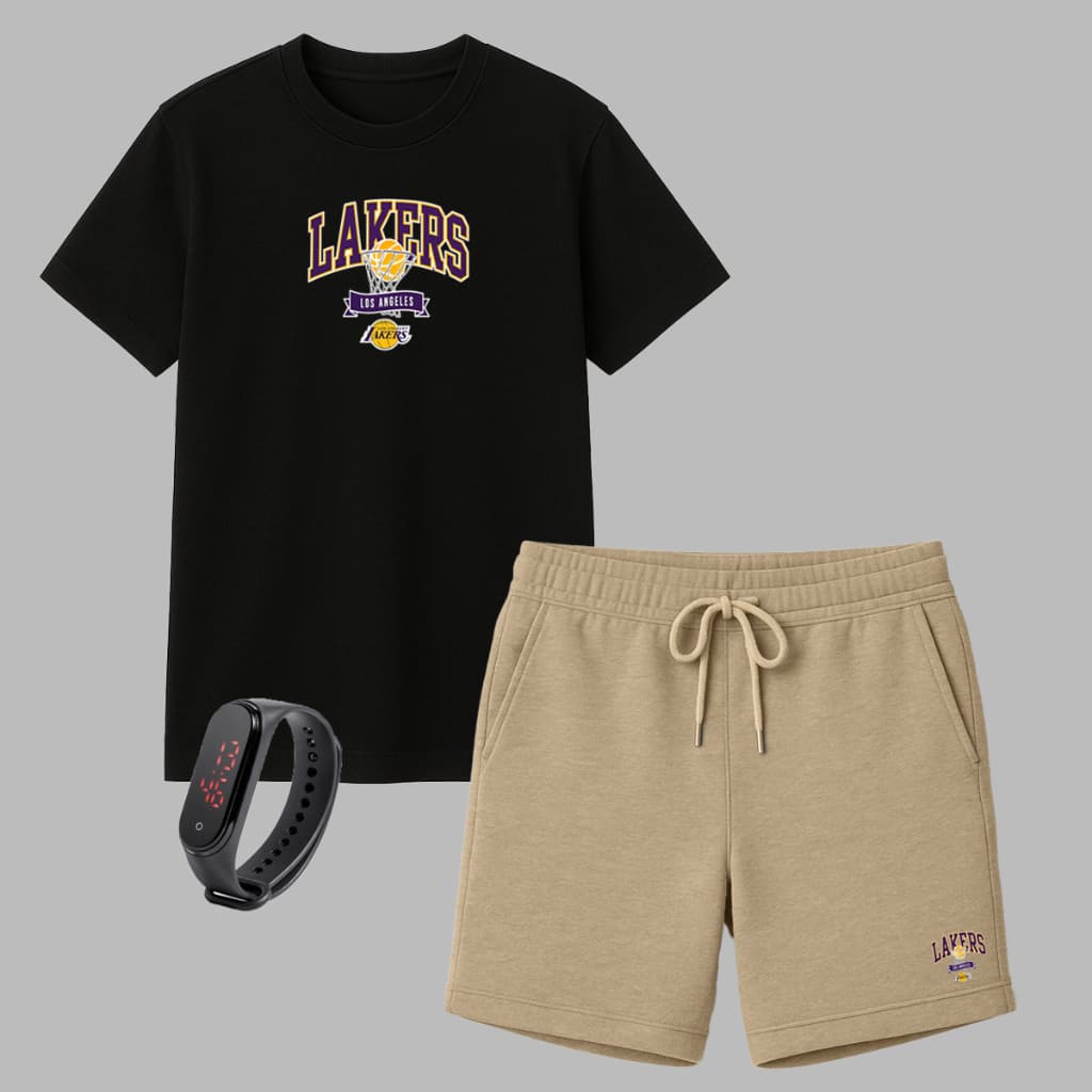 Kit Camiseta Lakers Masculina 100% Algodão e Short Moletinho + Brinde Relógio