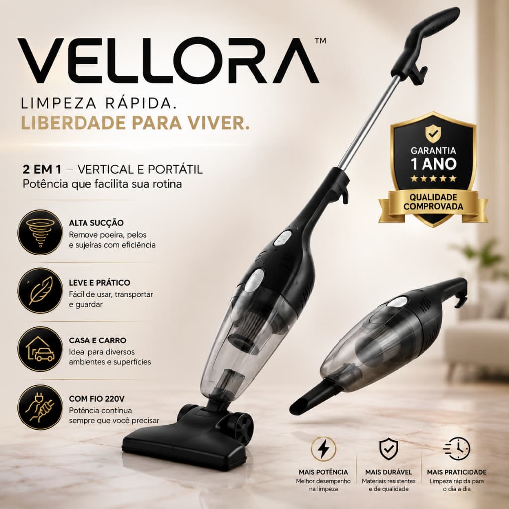 Aspirador de Pó Vellora™ 2 em 1 Vertical e Portátil 220V Potente para Casa, Sofá, Carro e Limpeza Rápida
