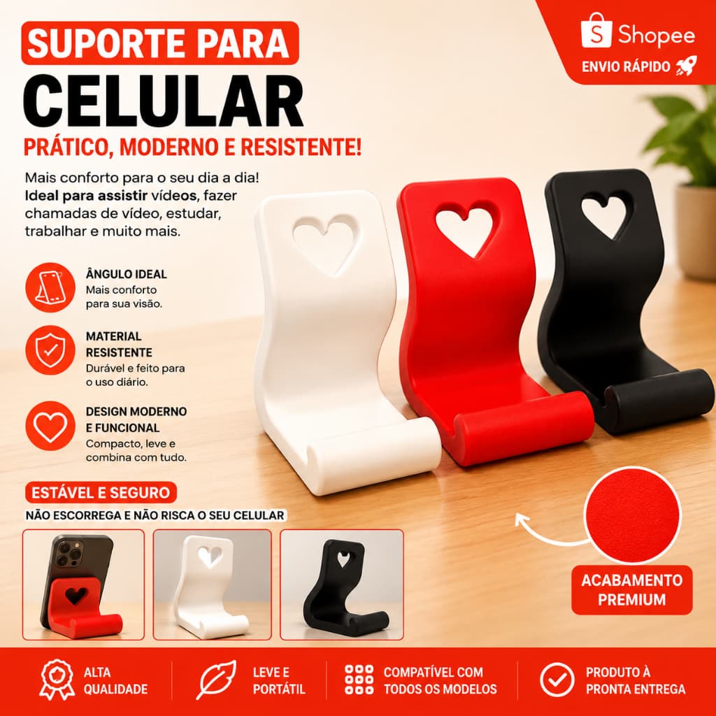 Suporte para Celular de Mesa com Coração | Apoio para Celular em Pé ou Horizontal | Suporte de Celular 3D