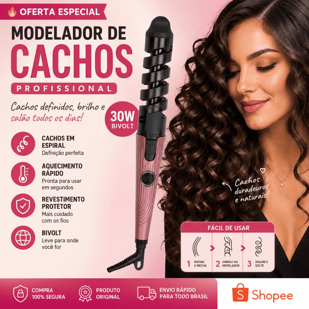 Modelador de Cachos Profissional 30W Bivolt – Cacheador de Cabelo em Espiral para Cachos Definidos | Cor Sortida