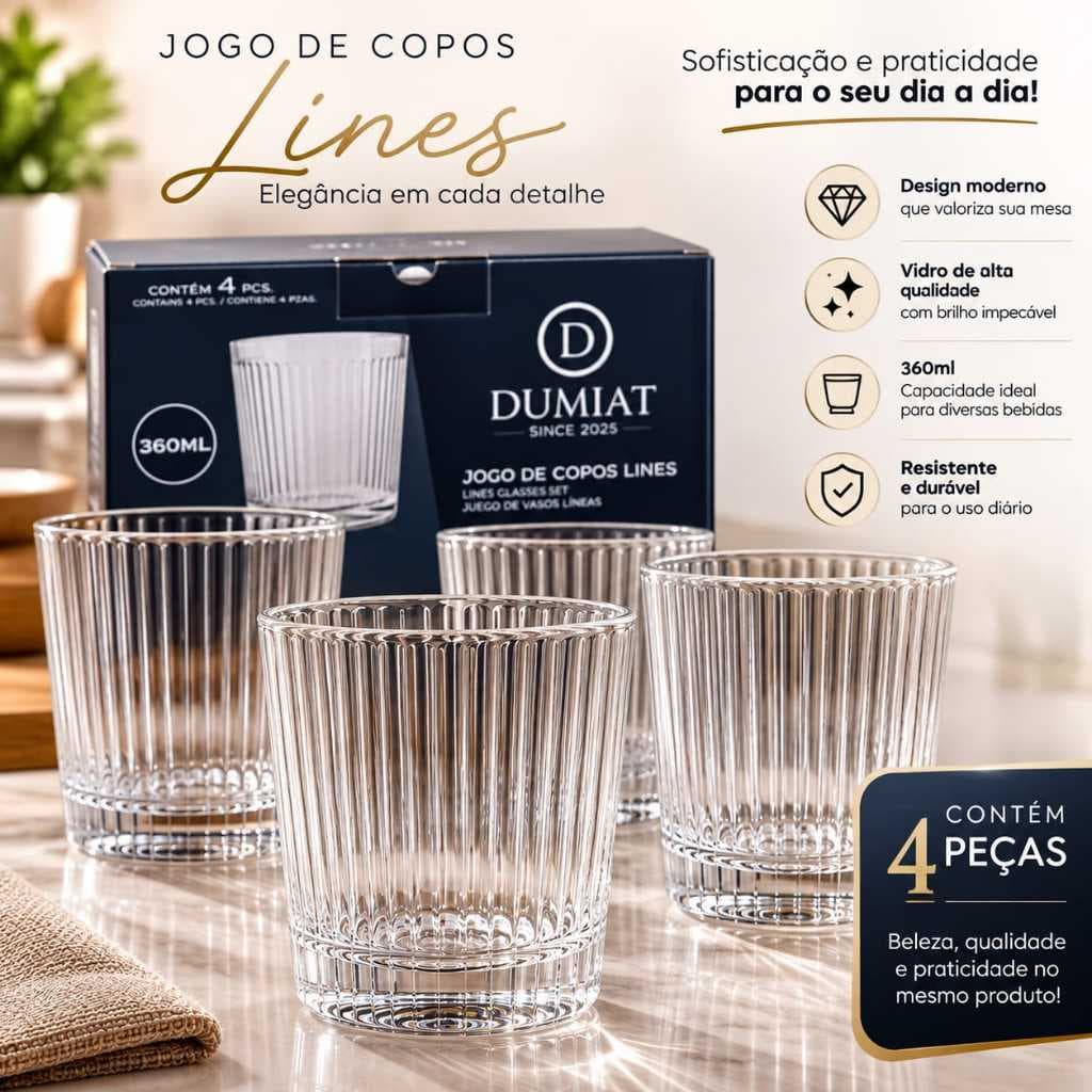 Jogo de Copos Lines - conjunto de copos para água, suco e refrigerante, design moderno para cozinha, copa e mesa posta
