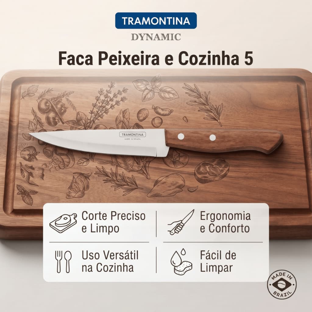 Faca Peixeira e Cozinha Tramontina Dynamic 5 Polegadas - Lâmina Inox e Cabo Madeira