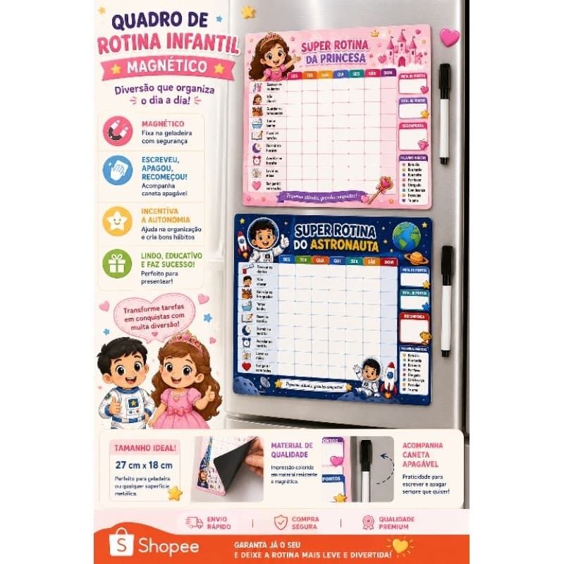 Quadro de Rotina Infantil Magnético Planner de Rotina Quadro de Tarefas Semanal Caneta Emoções