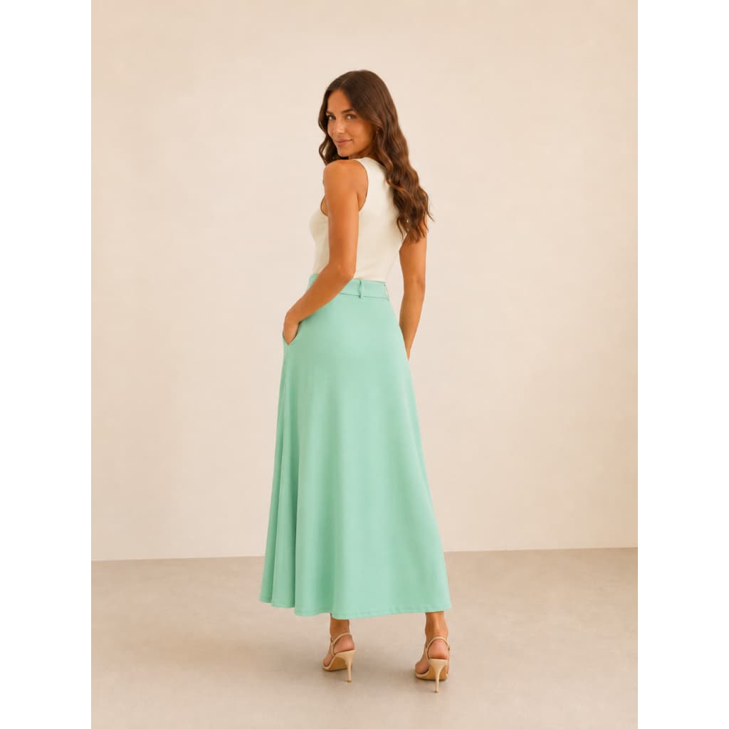 Saia Longa Feminina Alfaiataria Cintura Alta Com Cinto E Bolsos Casual Elegante Moda Evangélica COD 2571