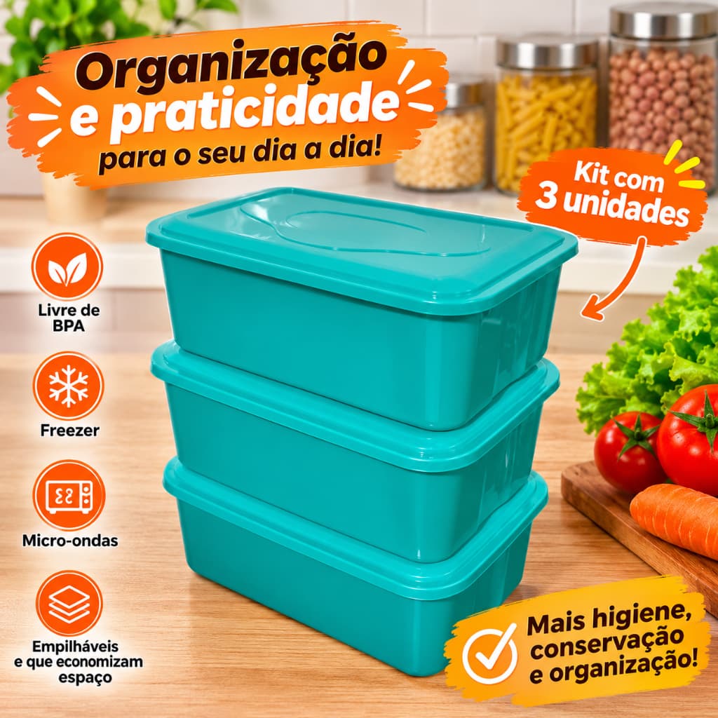 Kit 3 Potes 4 Litros Retangulares com Tampa Plástico Reutilizável para Alimentos