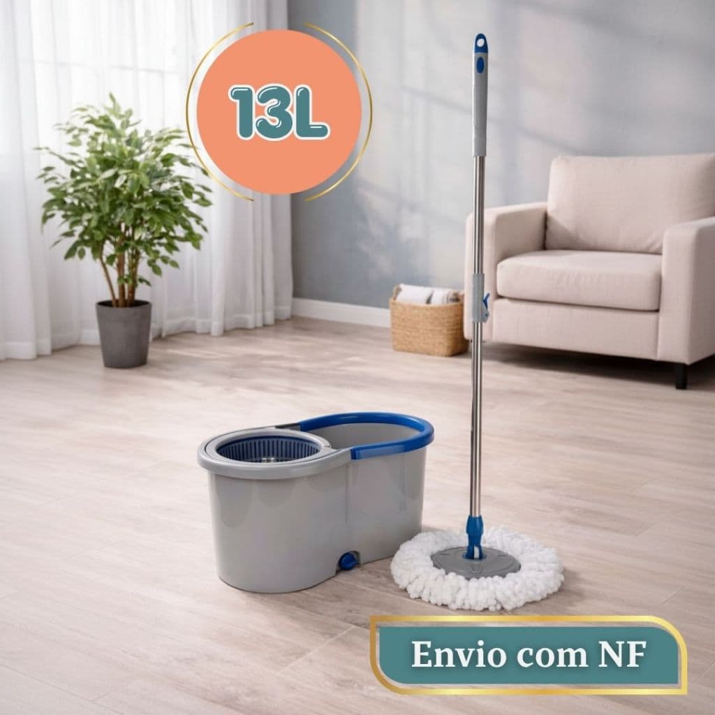 Mop Giratório Esfregão 13 Litros Balde Centrífuga Inox Rodo Mágico Seca Limpeza Pesada Kit com Refil