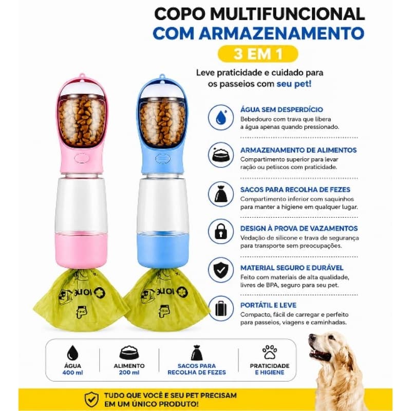 copo  ração e água  e saquinho para recolheer multifuncional para pets cão ou gato 🐈🐕‍🦺