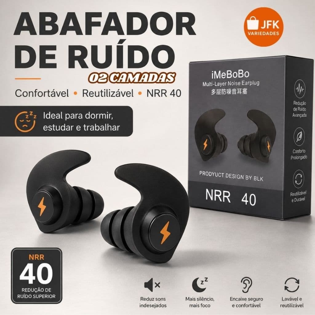 Abafador de Som Profissional 2 Camadas NRR 40dB - Protetor Auricular p/ Dormir, Estudar e Obras - Silêncio Absoluto