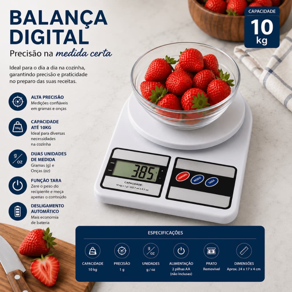 Balança Digital de Cozinha Alta Precisão Até 10kg p/ Alimentos Receitas Dieta Confeitaria Envio FULL
