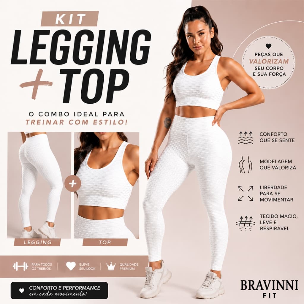 Kit Calça Legging + Top Bolha Suplex de Compressão Cós Alto Empina Bumbum Fitness 3D Textura Flocada