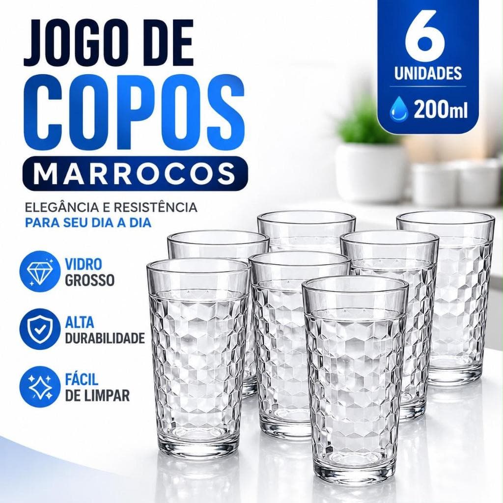 Jogo Copo Vidro Marrocos 200ml 6 Unidades Copos Vidro Grosso Agua Suco Refrigerante