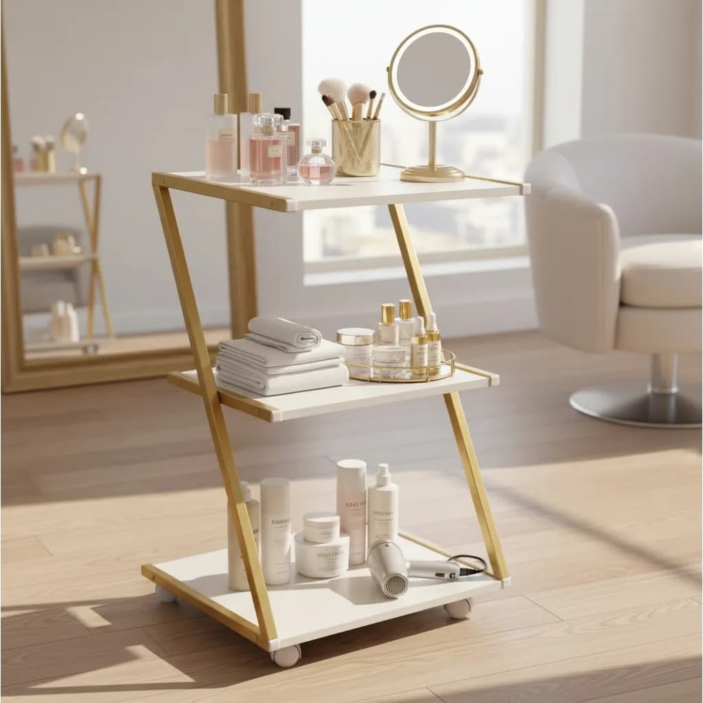 Carrinho Auxiliar Organizador Z Metálico 3 Prateleiras MDF salão clinica cabelereiro estética Cor dourado