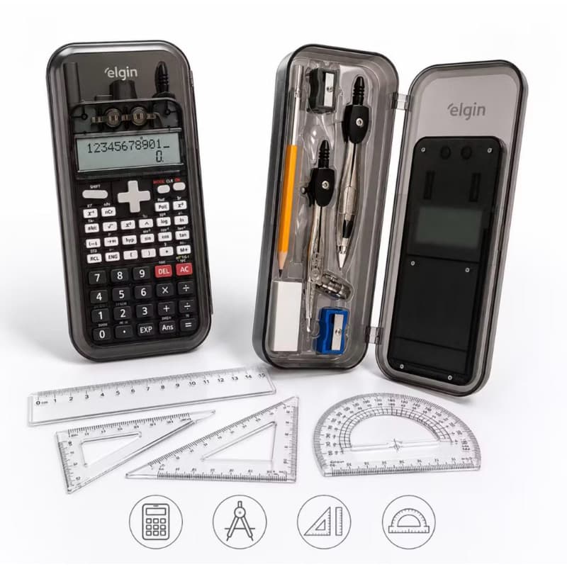 Calculadora cientifica 240 funções + Kit de Geometria c/ 10 Peças  Régua Transferidora compasso!