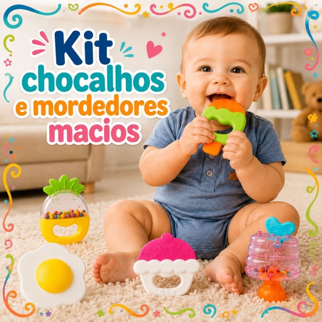 Kit Mordedores Macios e Chocalho Bebê Sensorial Educativo Comidinhas Colorido Pedagógico