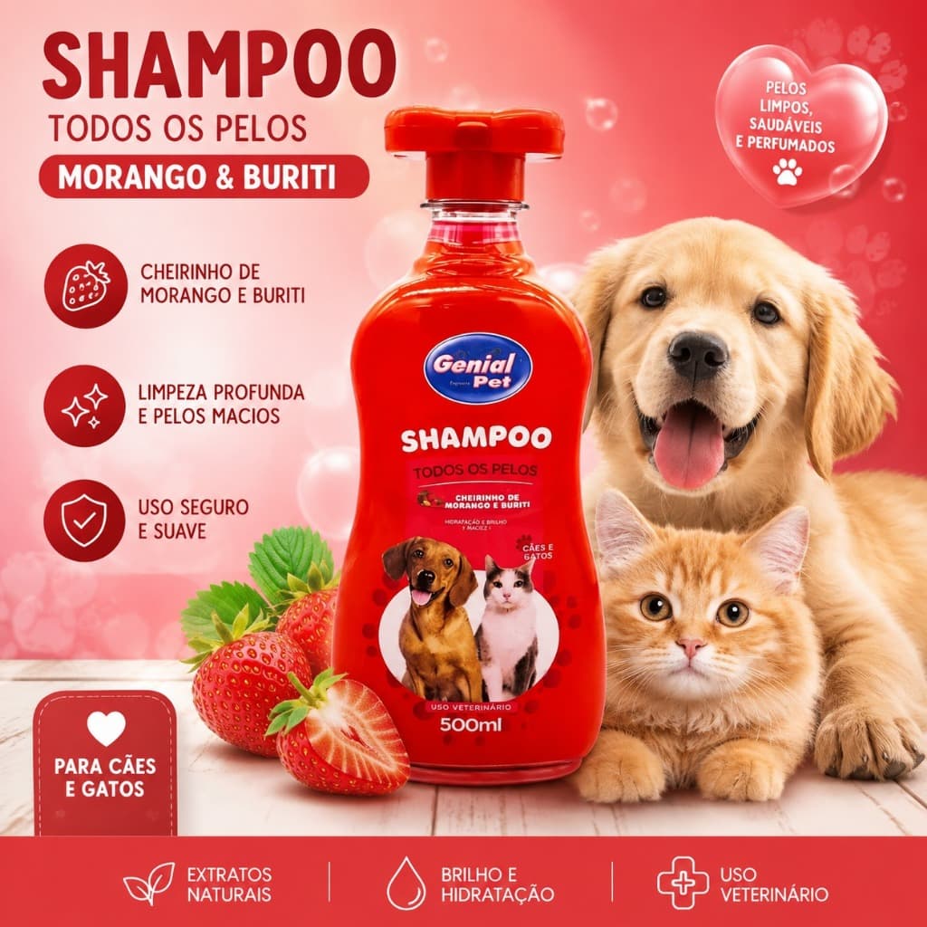 Shampoo Pet 500ml Morango e Buriti Cachorro Cheiroso Banho e Tosa Higiene