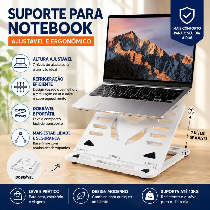 Suporte para Notebook Ajustável 8 Níveis Dobrável Ergonômico, Compatível 10‑17 Polegadas,Ergonômico para Home Office