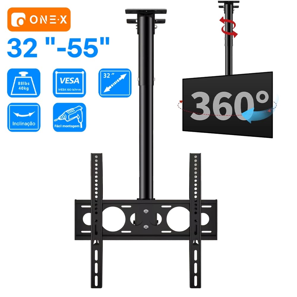 Suporte de Tv Teto 32" a 55" Polegadas Inclinável até 40kg para TV Ajustável Giratório Articulado e Parede