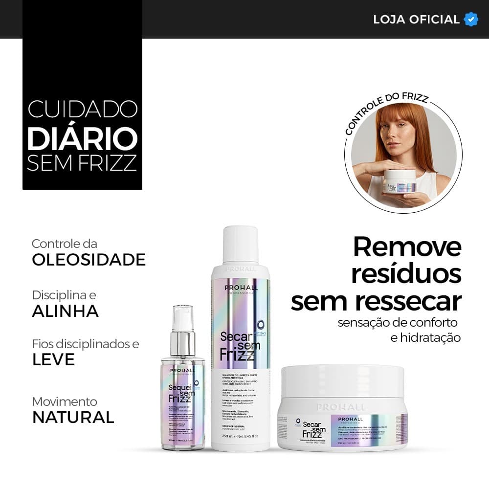 Kit Secar sem Frizz — Shampoo, Máscara E Óleo de Blindagem — Controle do Frizz e Brilho Intenso