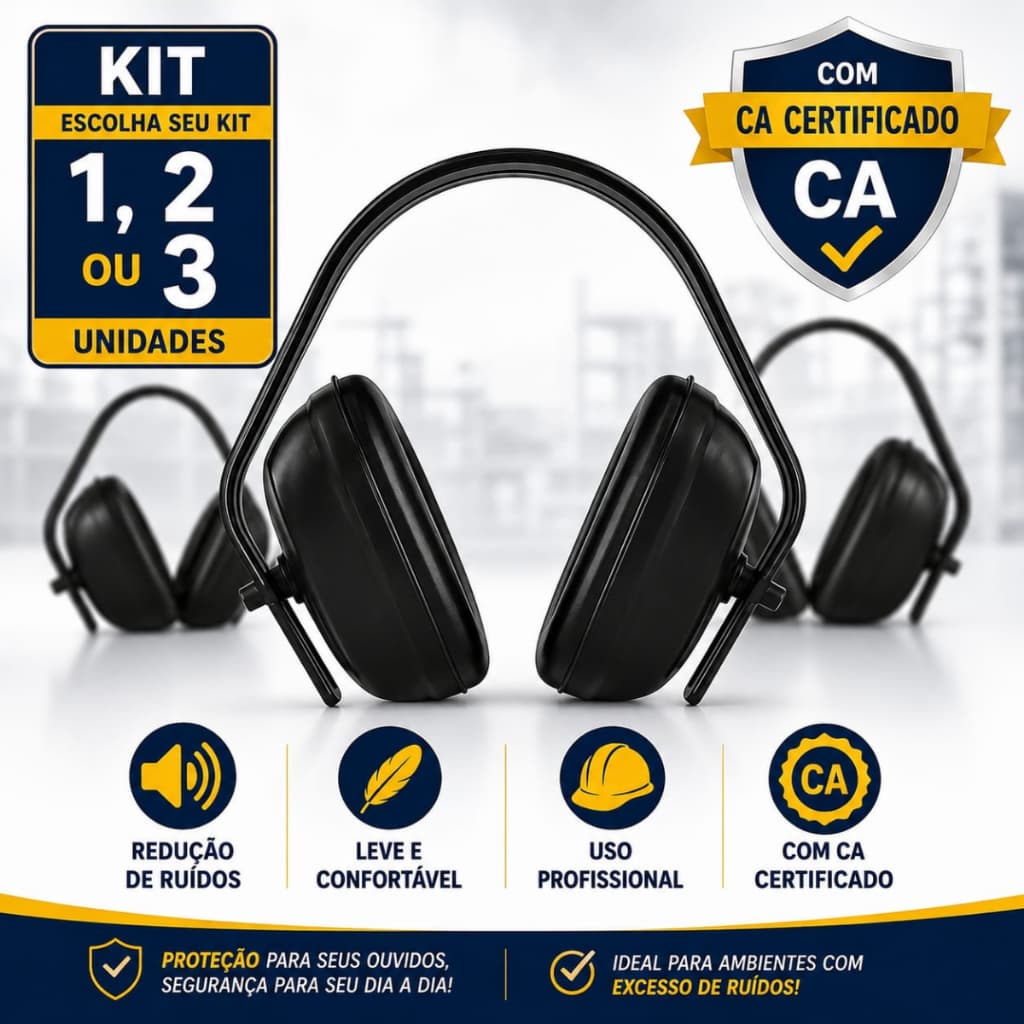 Abafador de Ruído Protetor Auricular EPI Profissional Proteção Sonora com CA Kit 1, 2 ou 3 Unidades
