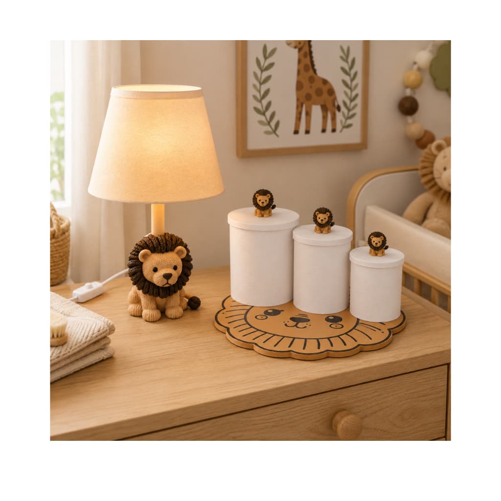 Kit Higiene Bebê Safári Leão Completo 5 Peças Abajur Luminária Amamentação Trio Potes Bandeja Quarto Menino Enxoval Luxo