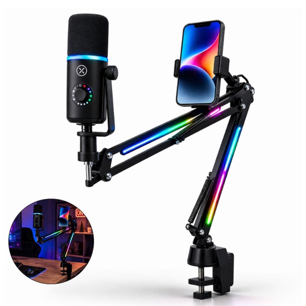 Suporte Microfone Braço Articulado RGB Mesa com Suporte Celular para Streaming Podcast
