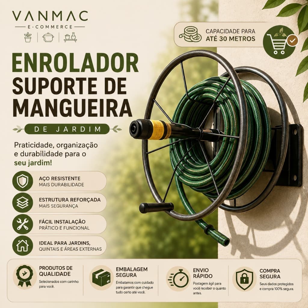 Suporte Enrolador de Mangueira de Parede em Aço Reforçado até 30 Metros 1/2" | Organizador para Jardim – 1,8kg