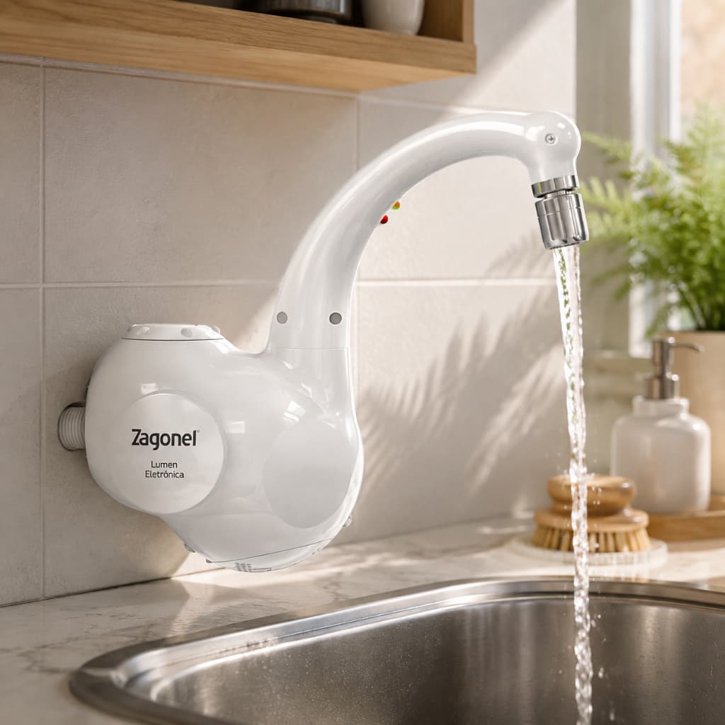 Torneira Elétrica Lumen 5500W 220V Zagonel De Parede Branca Água Quente Pia Cozinha Moderna
