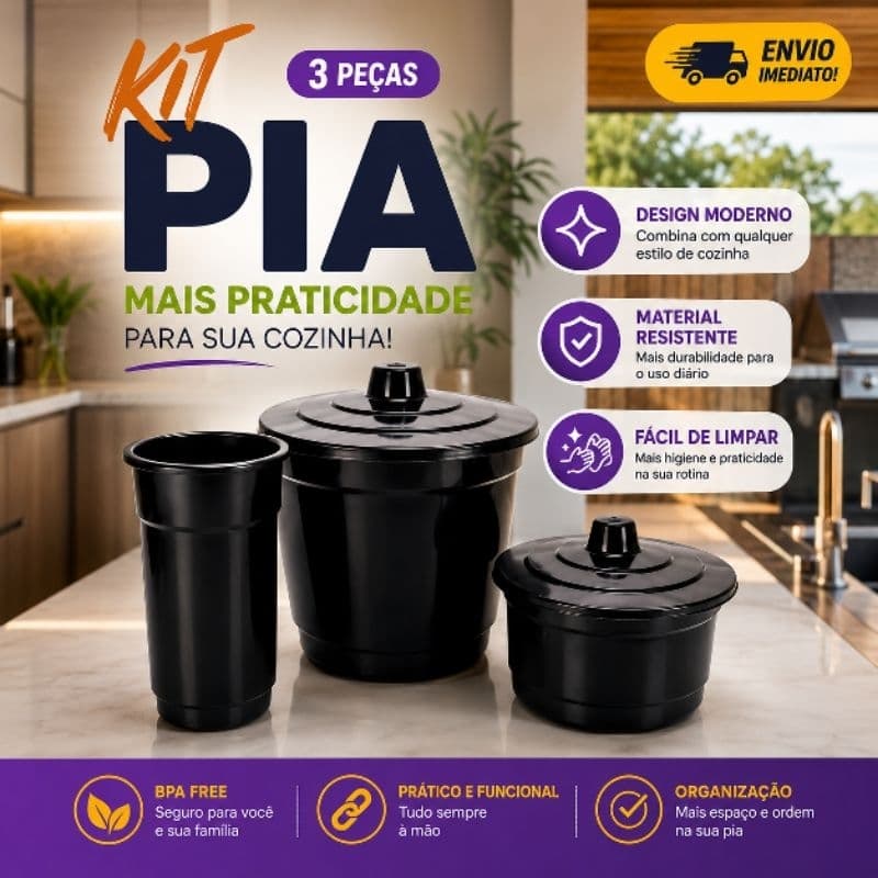 Kit Pia 3 Peças Cozinha Organizador Multiuso Porta Detergente Lixeira e Porta Esponja Preto