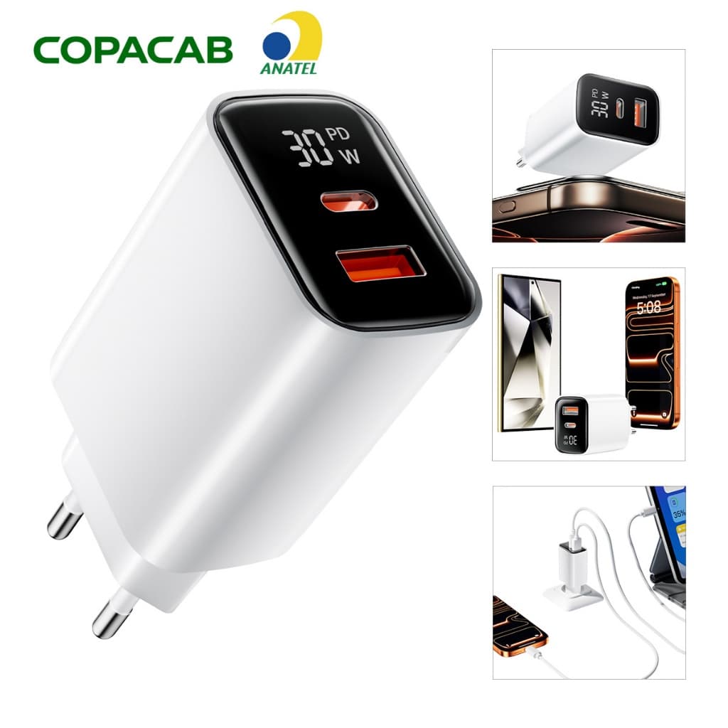 Carregador Rápido 30W Fonte PD USB‑A Duas Portas Tomada Europeia Adaptador Compatível iPhone Samsung Android