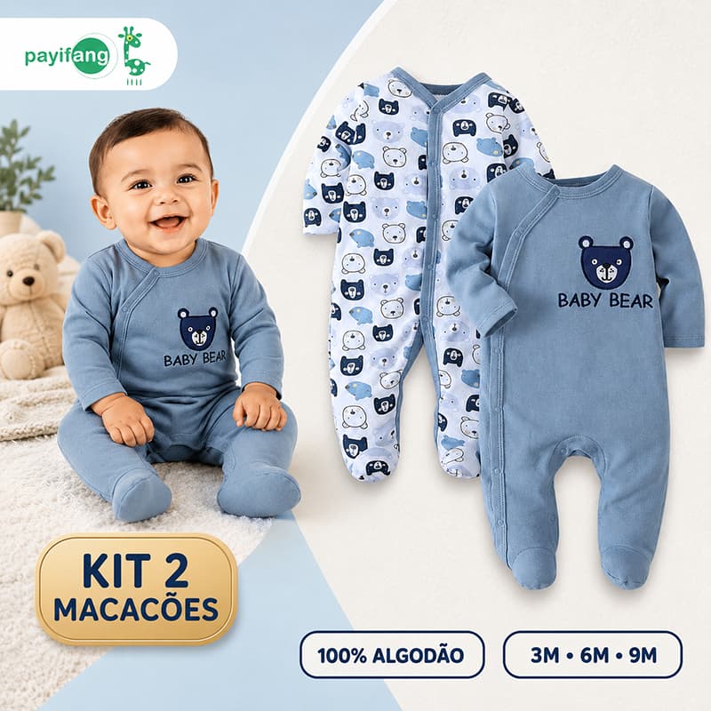 Kit 2 Macacões Bebê Menino Payifang 100% Algodão Manga Longa com Pezinho Enxoval 3M 6M 9M