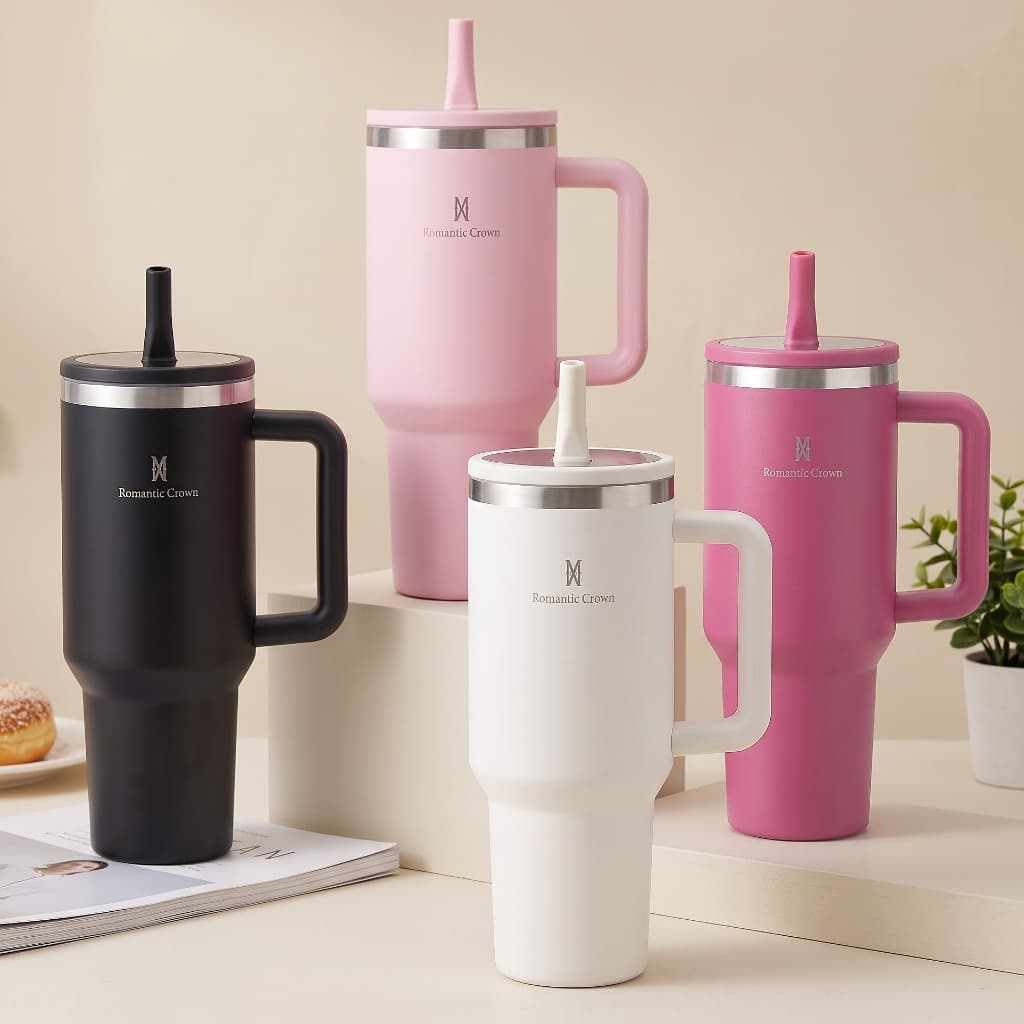 ROMANTIC CROWN Copo Térmico de Bico Inox 1200ml com Alça para Viagem e Carro Garrafa Térmica