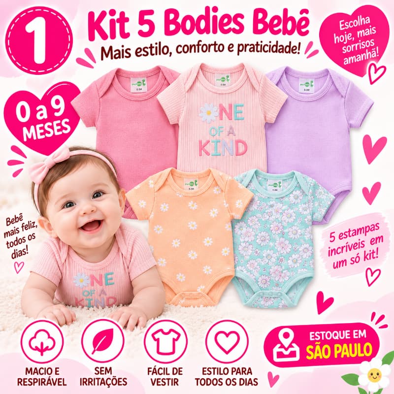 Kit 5 Bodies Bebê Menina Manga Curta Algodão Body Infantil Recém-Nascida 0 a 9 Meses TM-71