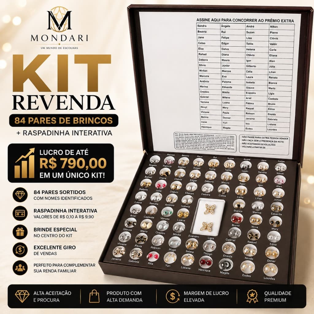 Kit Brincos Com 84 Peças e Raspadinha Para Revenda