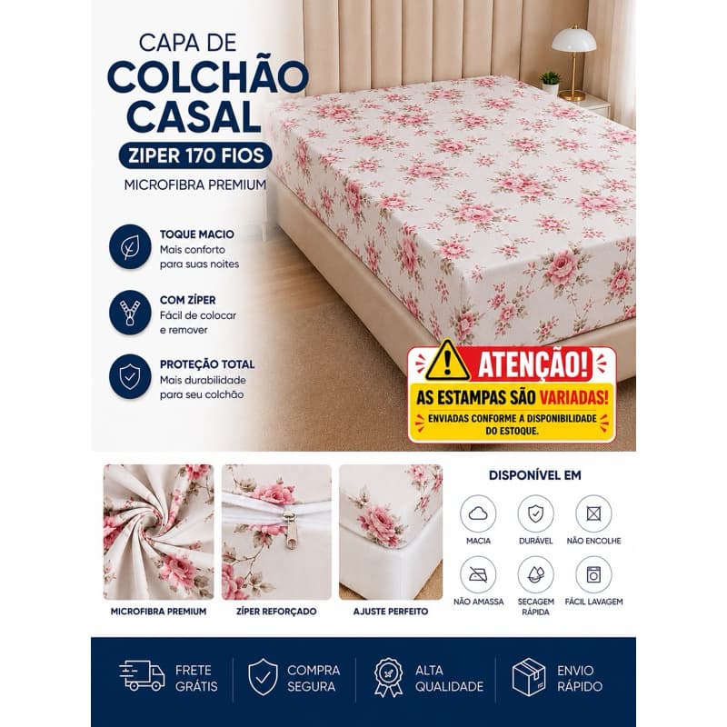 CAPA PARA COLCHÃO CASAL ESTAMPADA COM ZÍPER NO PANO MICROFIBRA