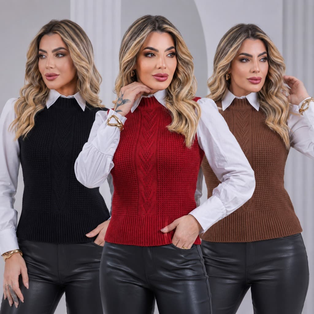Colete Tricot Feminino Sobreposição Trançado