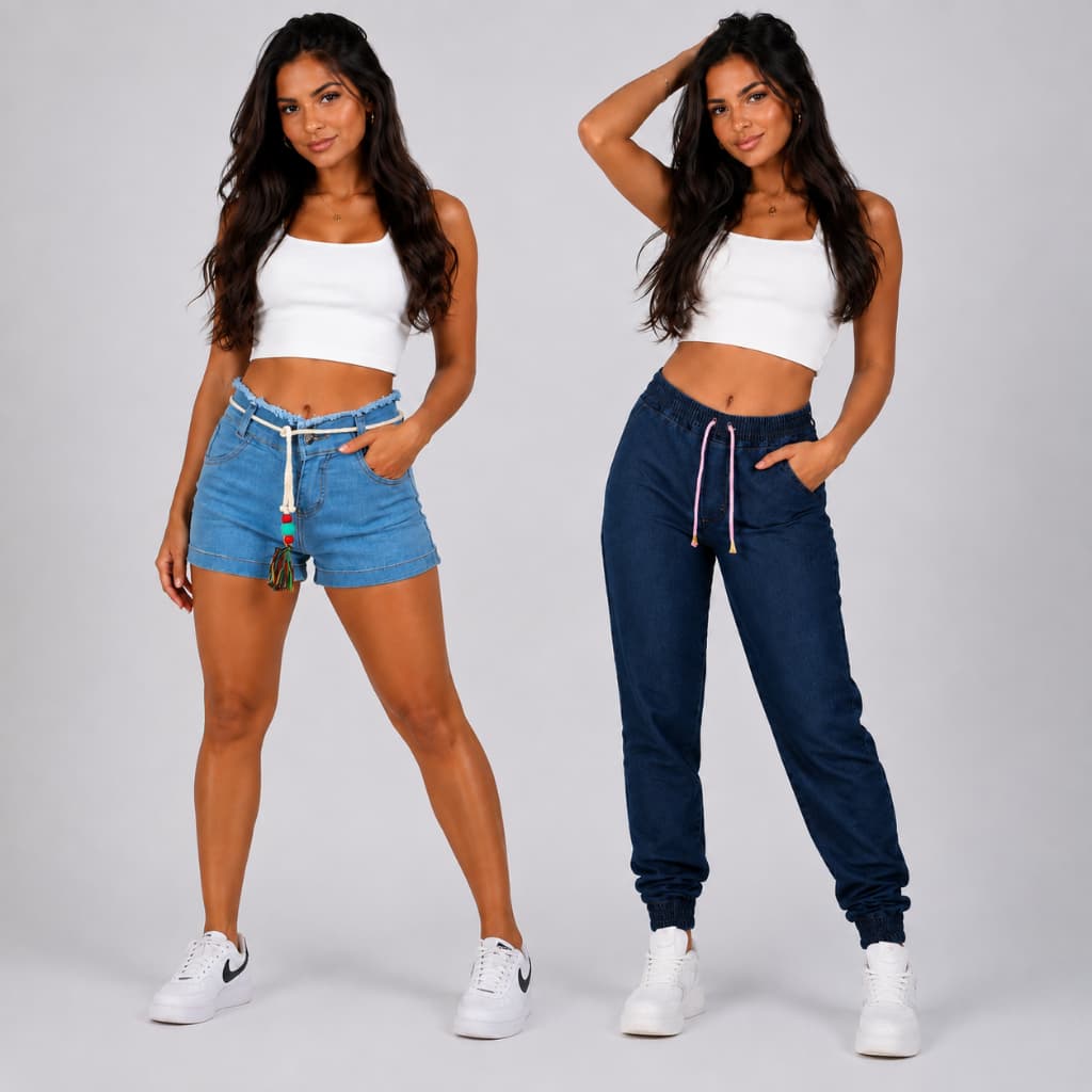 Combo short  feminino + jogger jeans  infanil juvenil com cintos 10 ao 16 menina