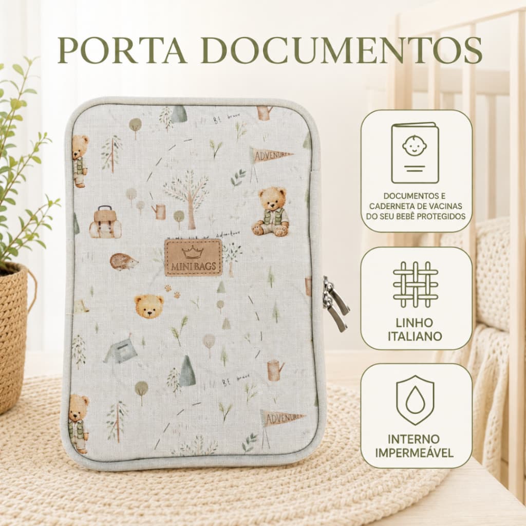 Porta Documentos e Caderneta de Vacinas Bebê Adventure Mini Bags Linho Italiano