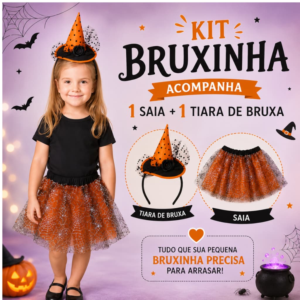 fantasia halloweem bruxinha menina saia com tiara de chapeu