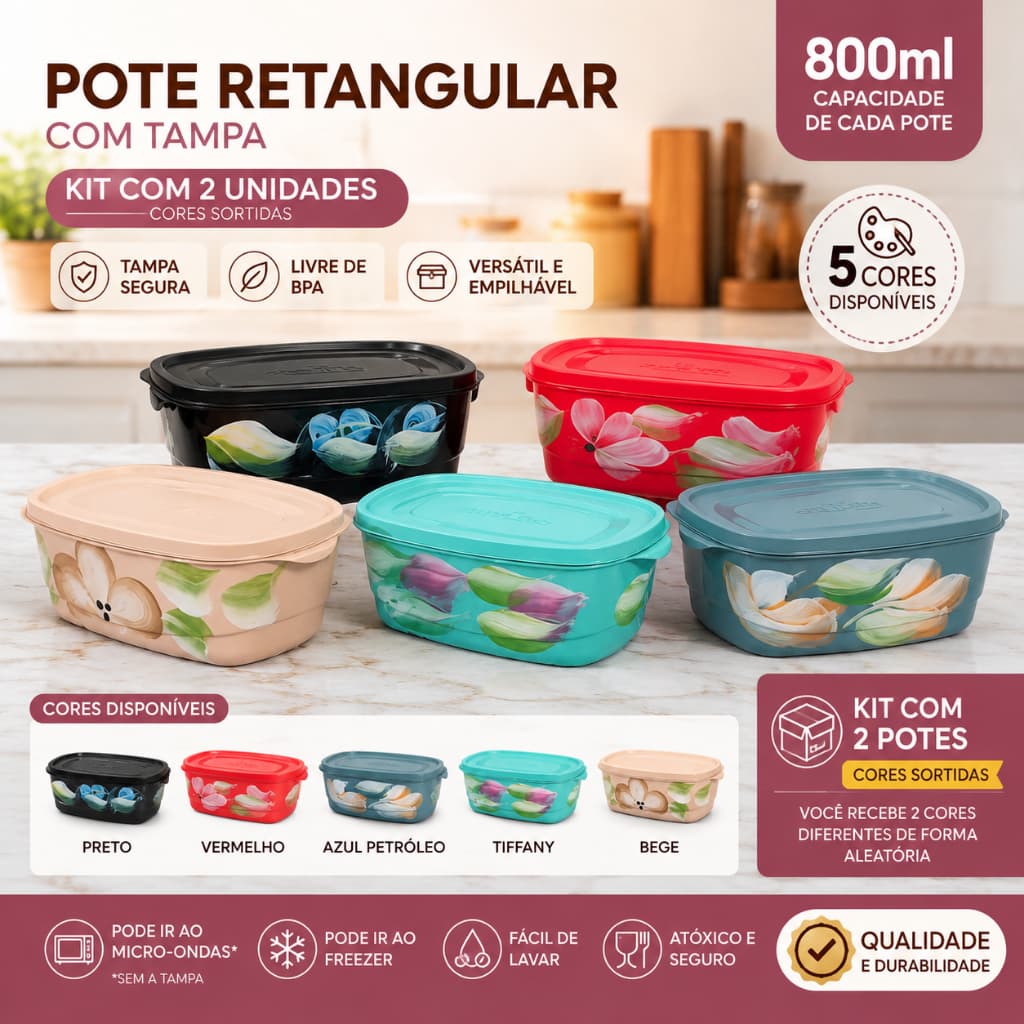 Kit 2 Potes Herméticos Retangulares 800ml Floral Cores Sortidas – Organizador de Alimentos com Tampa