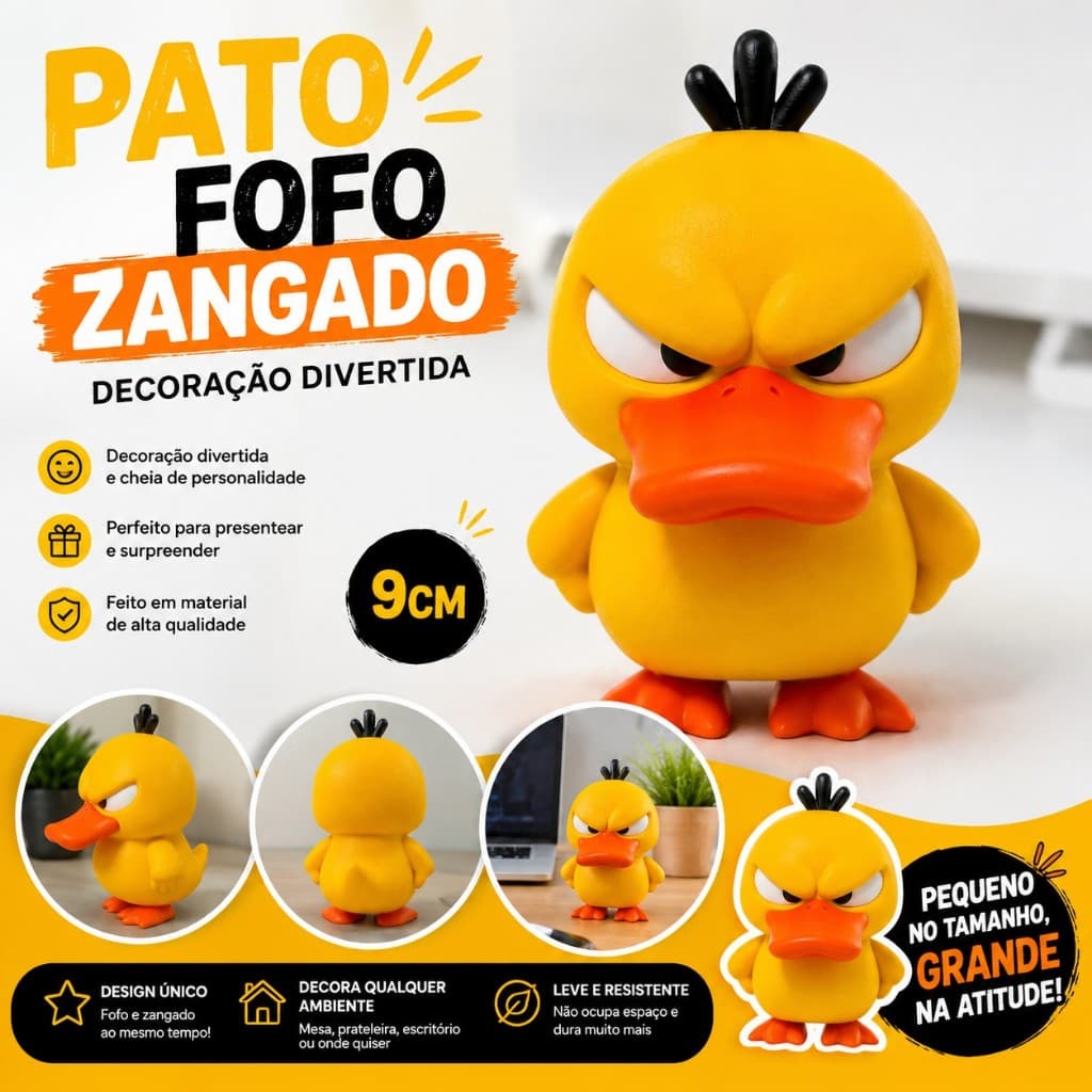 Pato Fofo Zangado 9cm em 3D – Decoração Divertida e Criativa