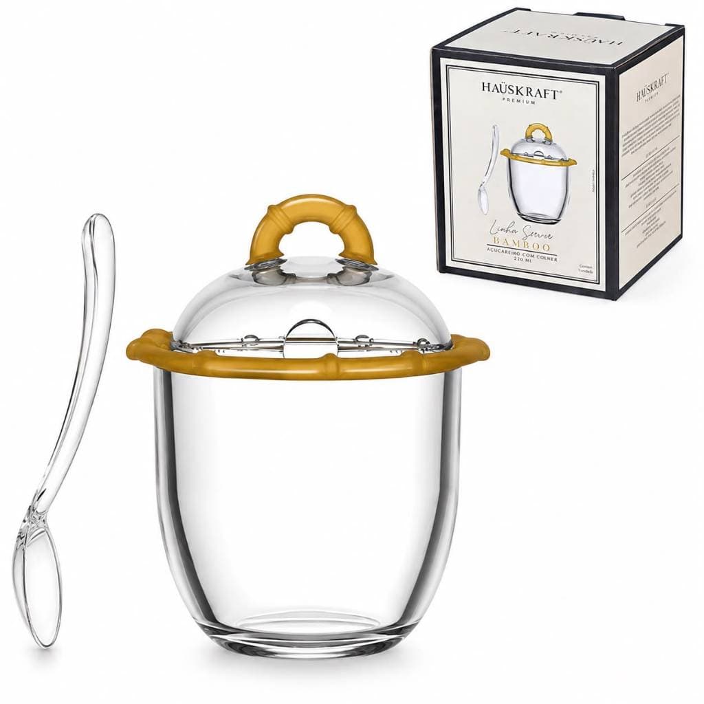 Açucareiro Hauskraft Premium 220ml Vidro Transparente Colher Bamboo Presente Ideal Cozinha Mesa Posta