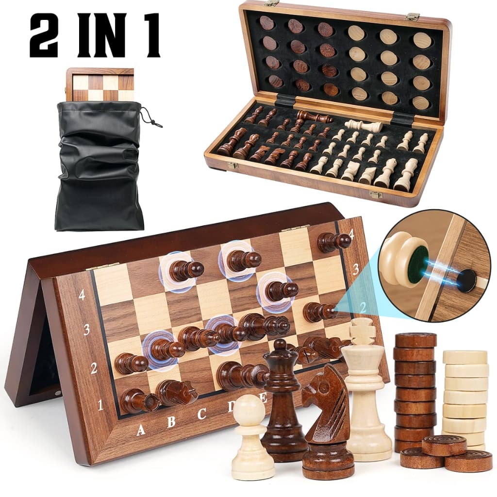 Xadrez Madeira Chesse Imported Tabuleiro Dobrável Profissional Grande,Tabuleiro internacional 2 em 1, 39 × 39 × 2,5 cm